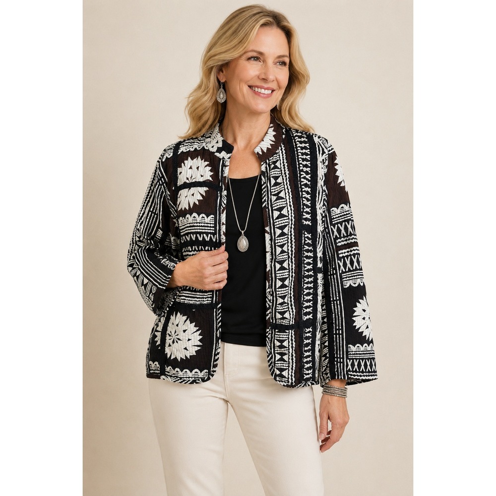 Chicos Womens Tribal Print Quilted Open Front Jacket Size Large Brown Black